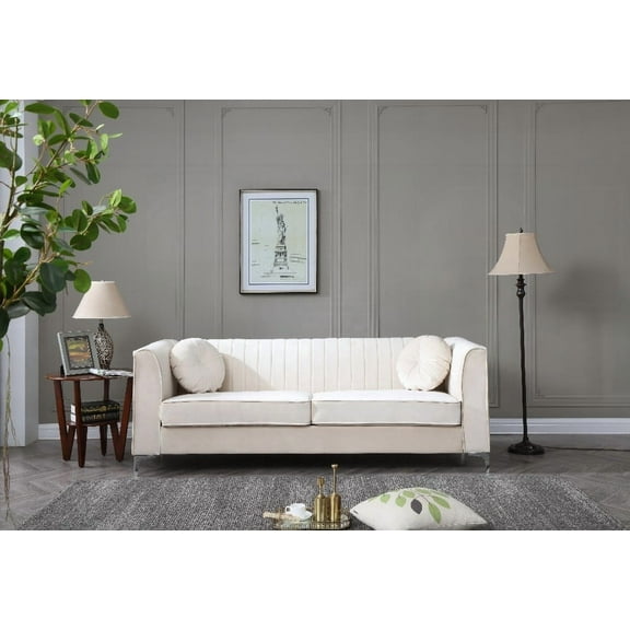 Glam Velvet Sofa with Chrome Legs & Pillows (2 Boxes, Ivory)