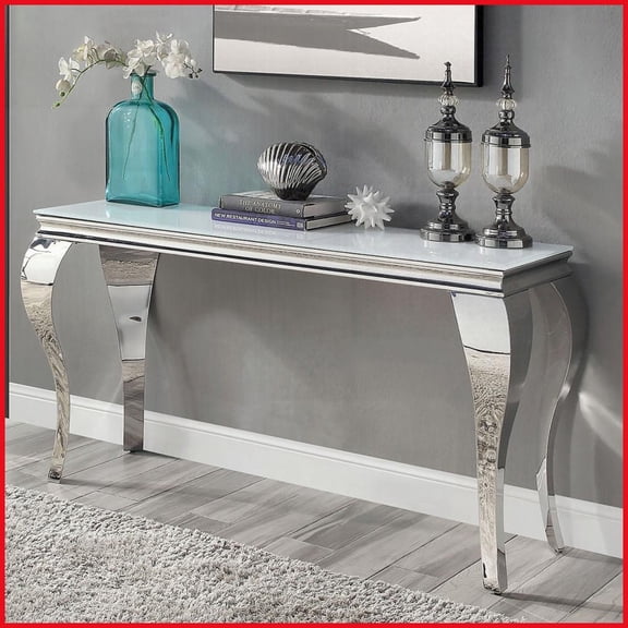 Glam White Beveled Glass Coffee Table with Silver Stainless Steel Cabriole Legs - Easy-Clean Living Room Essential