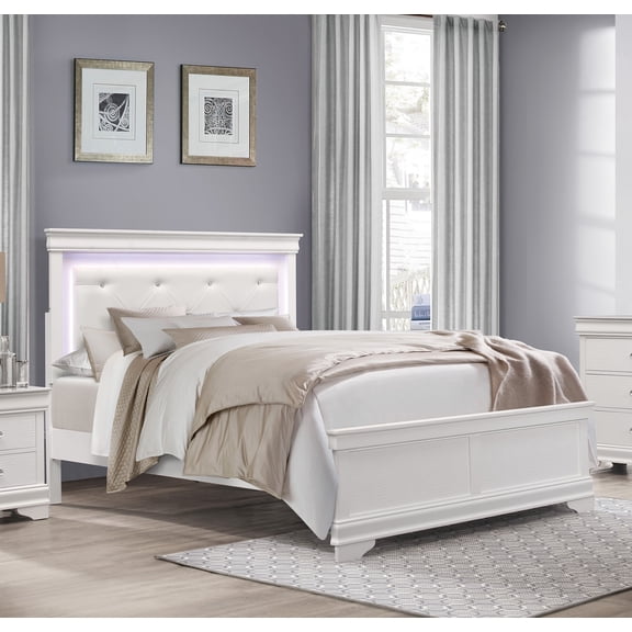 Glam White Finish 1pc Queen Size Bed Upholstered LED Headboard Button-Tufted Alligator Texture Panels Traditional Design Bedroom Furniture