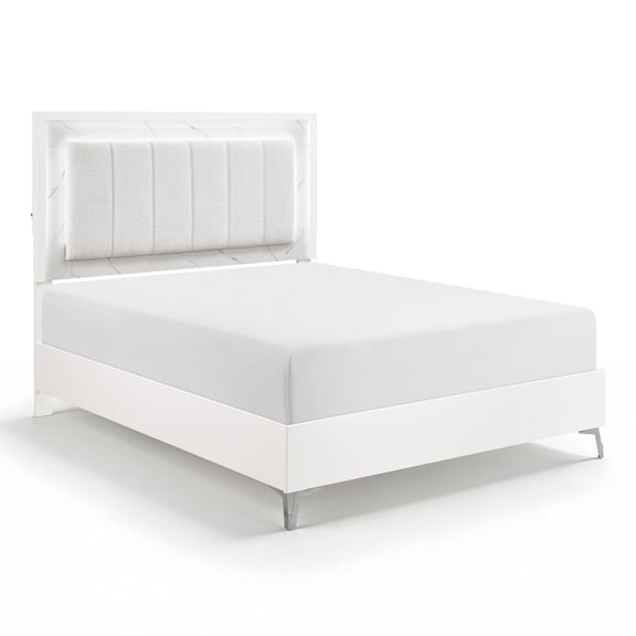 Glam White Queen Panel Bed LED Light Upholstered Headboard Faux Marble Laminated Top Chrome Metal Legs Bedroom Furniture 1pc