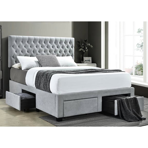 Glam - style Light Grey Queen Bed - 4 Drawers, Mattress - ready, Bedroom Comfort