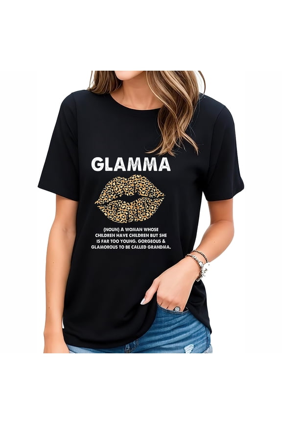 Glamma Mothers Day Leopard Print Lips Grandma Gran Women's Graphic Tee Shirt - Trendy and Comfortable Top