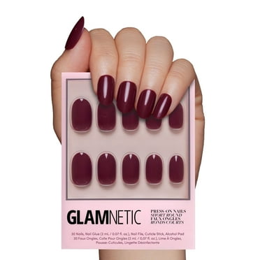 Glamnetic Press-On Nails – Berry Maroon | Opaque Short Round Nails, Reusable, 30 Count