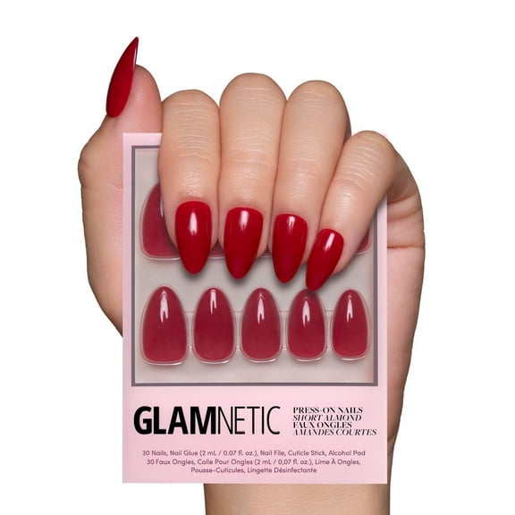 Glamnetic Press-On Nails – Classic Red | Solid Red Short Almond Nails, Reusable, 30 Count