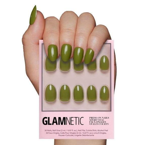 Glamnetic Press-On Nails – Moss Green | Earthy Green Short Oval Nails, "Salon Quality", 30 Count