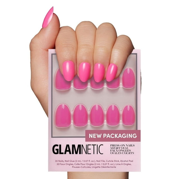 Glamnetic Press On Nails - Hot Pink | Opaque Bright Neon Pink Short Oval Fake Nails, "Salon Quality" , 30 count