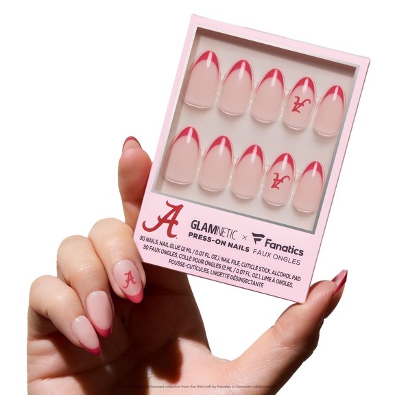 Glamnetic x Fanatics Press On Nails - Alabama Crimson Tide | Short Almond Fake Nails, NCAA Crimson Tide Red French Tips, College Nails, Salon-Quality | 15 Sizes - 30 Nail Kit with Glue