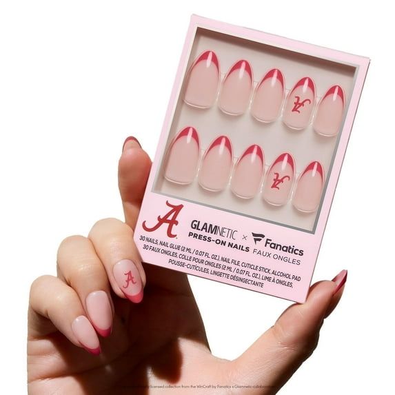 Glamnetic x Fanatics Press On Nails - Alabama Crimson Tide | Short Almond Fake Nails, NCAA Crimson Tide Red French Tips, College Nails, Salon-Quality | 15 Sizes - 30 Nail Kit with Glue