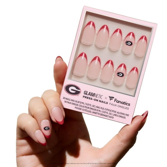 Glamnetic x Fanatics Press On Nails - Georgia Bulldogs | Short Almond Fake Nails, NCAA Bulldogs Red French Tips, College Nails, Salon-Quality | 15 Sizes - 30 Nail Kit with Glue