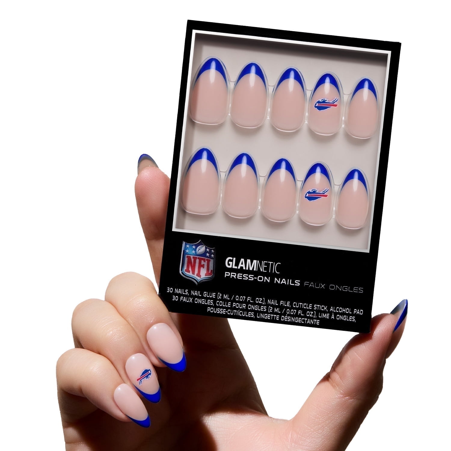 Glamnetic x Fanatics Press On Nails - Buffalo Bills | Short Almond Fake Nails, NFL Bills Blue French Tips, Football Nails, Salon-Quality | 15 Sizes - 30 Nail Kit with Glue