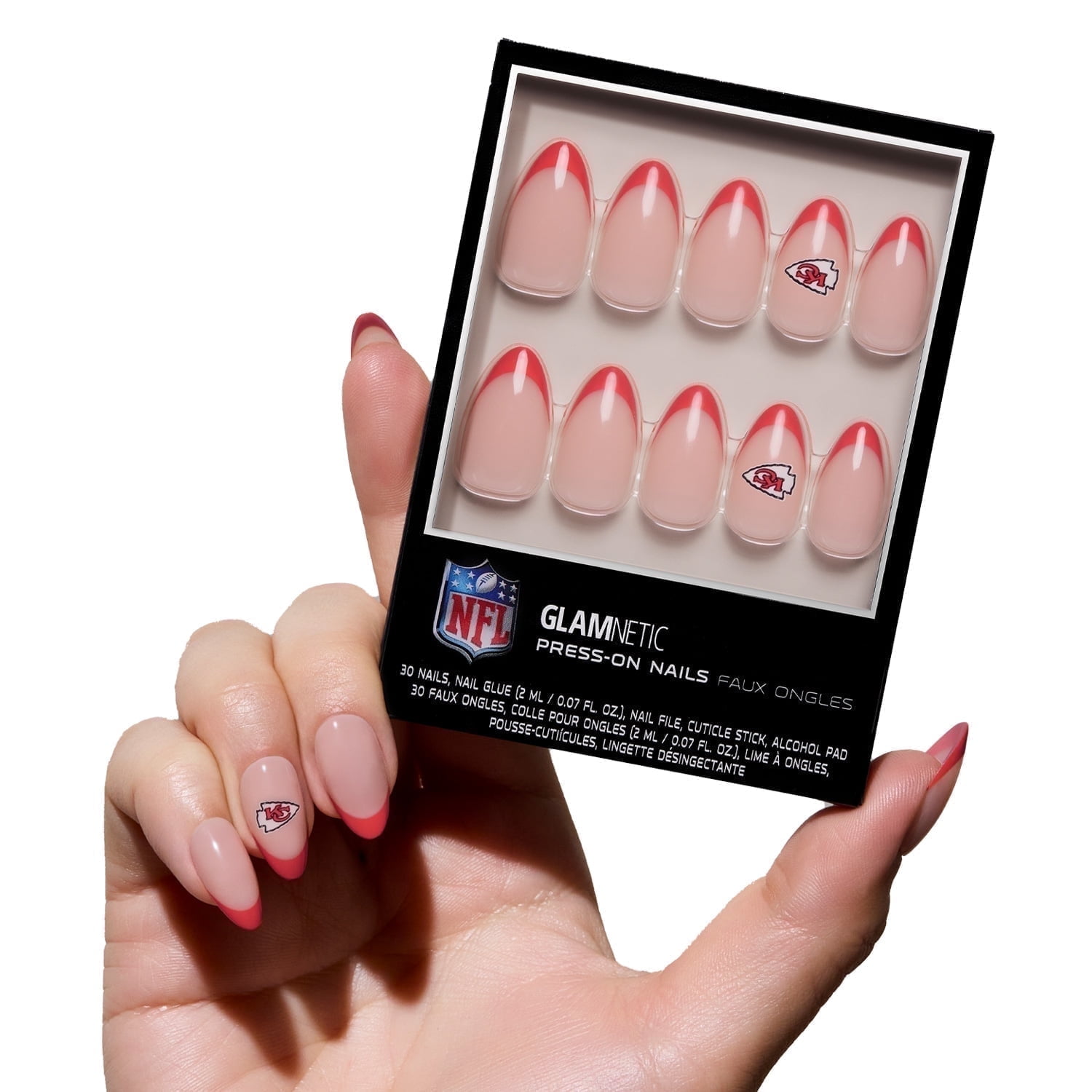 Glamnetic x Fanatics Press On Nails - Kansas City Chiefs | Short Almond Fake Nails, NFL Chiefs Red French Tips, Football Nails, Salon-Quality | 15 Sizes - 30 Nail Kit with Glue