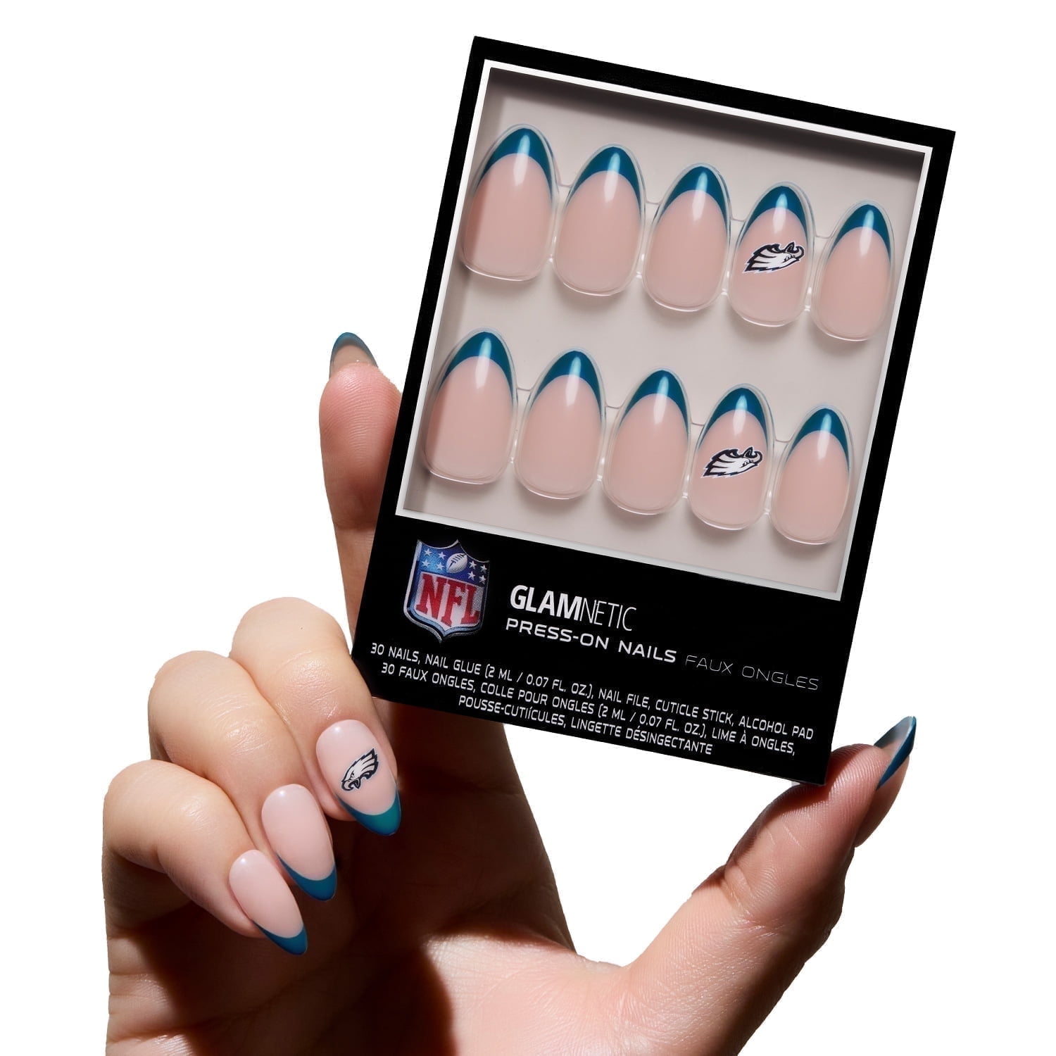 Glamnetic x Fanatics Press On Nails - Philadelphia Eagles | Short Almond Fake Nails, NFL Eagles Green French Tips, Football Nails, Salon-Quality | 15 Sizes - 30 Nail Kit with Glue