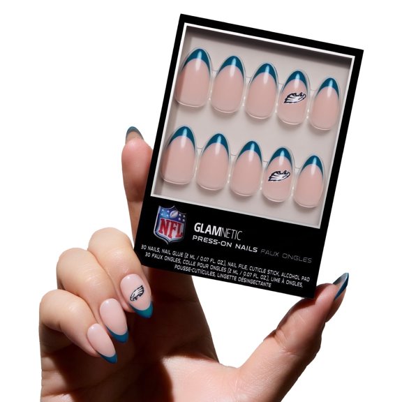 Glamnetic x Fanatics Press On Nails - Philadelphia Eagles | Short Almond Fake Nails, NFL Eagles Green French Tips, Football Nails, Salon-Quality | 15 Sizes - 30 Nail Kit with Glue