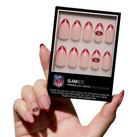 Glamnetic x Fanatics Press On Nails - San Francisco 49ers | Short Almond Fake Nails, NFL 49ers Red French Tips, Football Nails, Salon-Quality | 15 Sizes - 30 Nail Kit with Glue