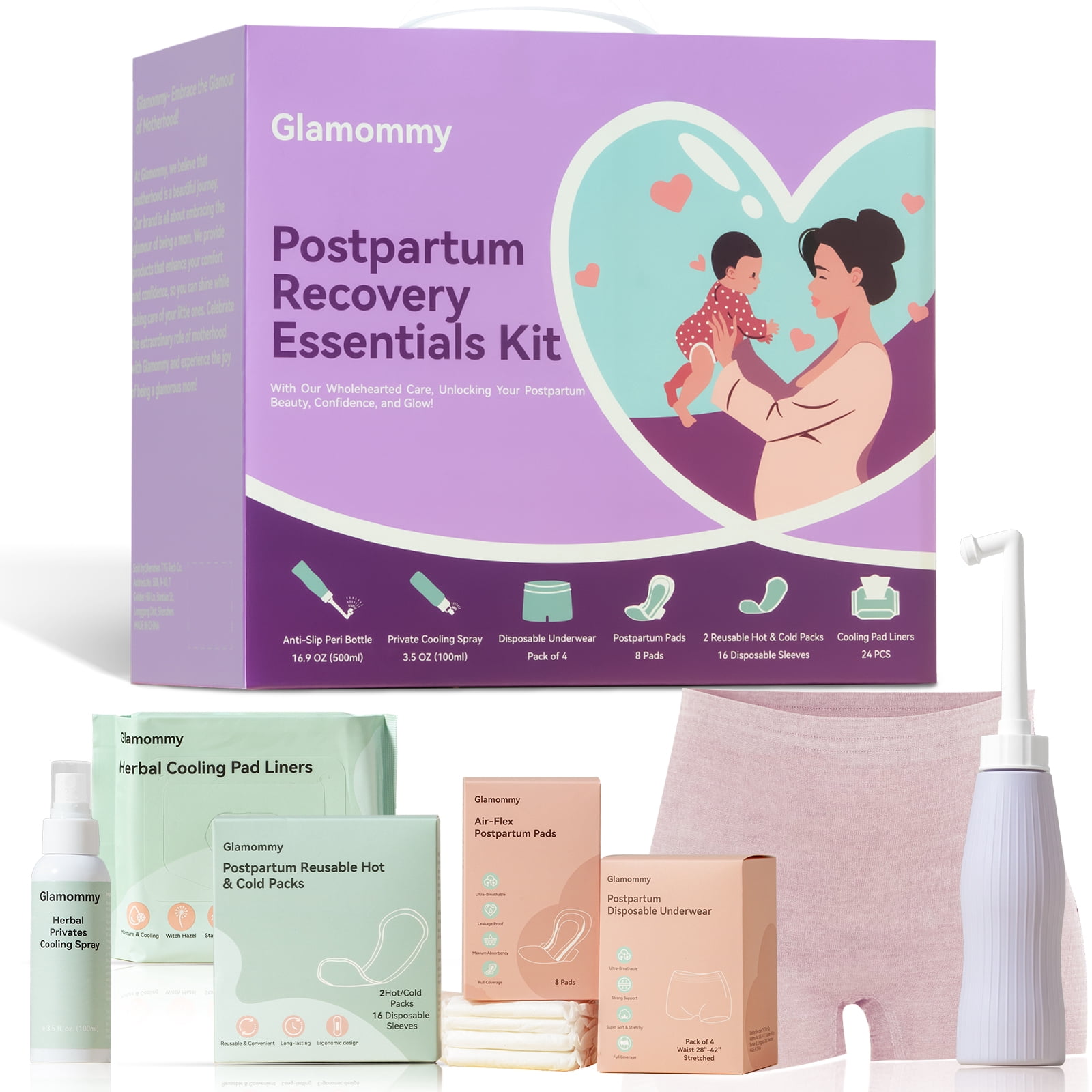 Glamommy Postpartum Recovery Kit, Peri Bottle, Pads, Cooling Spray