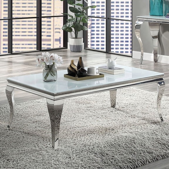 Glamorous 1pc Coffee Table with White Glass Top and Silver Stainless Steel Cabriole-Style Legs for Living Room