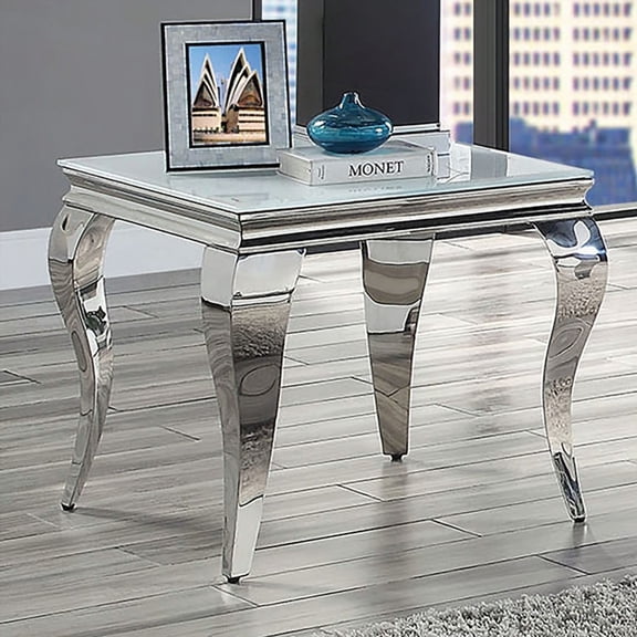 Glamorous 1pc End Table with White Glass Top and Silver Stainless Steel Cabriole-Legs for Living Room