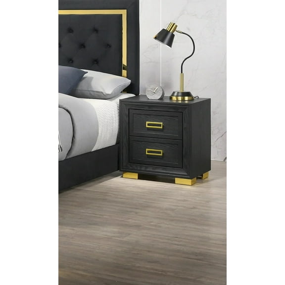 Glamorous Black 2-Drawer Nightstand | Modern Glam Style Bedroom Furniture | Gold Hardware | Solid Wood & Veneer | 21.7"W | Sturdy & Durable | Bedside Cabinet