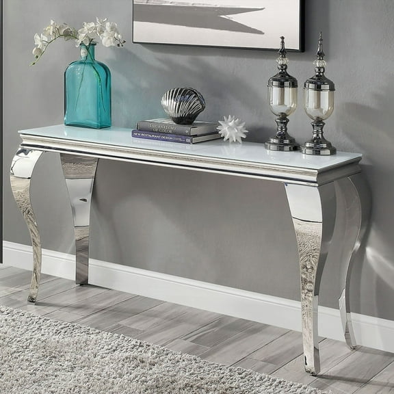 Glamorous 1pc Sofa Table with White Glass Top and Silver Stainless Steel Cabriole-Style Legs for Living Room