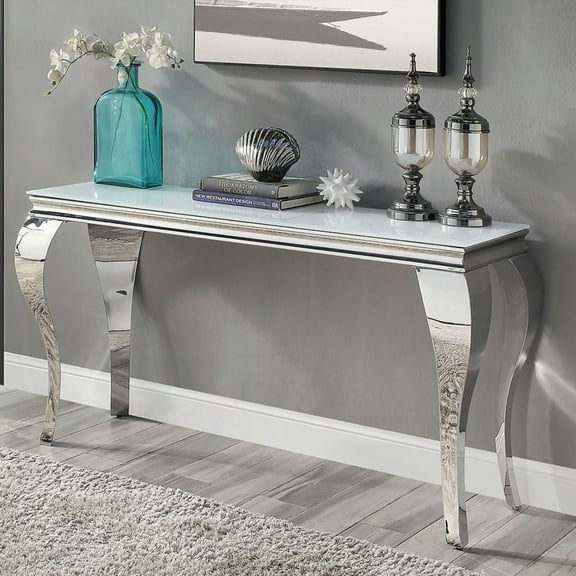Glamorous 1pc Sofa Table with White Glass Top and Silver Stainless Steel Cabriole-Style Legs for Living Room