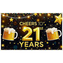 Glamorous 21st Birthday Banner with Beer Mugs Gold Stars and Sparkles Background Party Decoration Photography Prop for Celebrations Party Supplies Backdrop for Indoor Outdoor Events