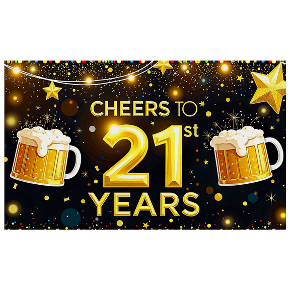 Glamorous 21st Birthday Banner with Beer Mugs Gold Stars and Sparkles Background Party Decoration Photography Prop for Celebrations Party Supplies Backdrop for Indoor Outdoor Events