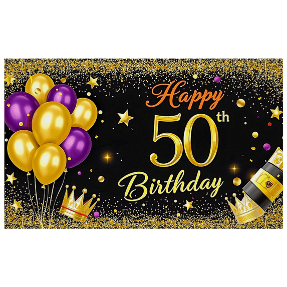 Glamorous 50th Birthday Banner with Gold Purple Balloons Crowns Background Party Decoration Photography Prop for Birthday Parties Celebrations Events Festivities