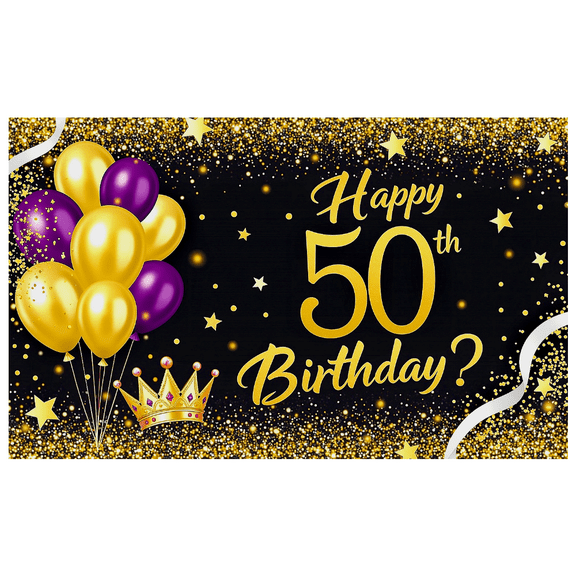Glamorous 50th Birthday Banner with Gold Purple Balloons Crowns Background Party Decoration Photography Prop for Birthday Parties Celebrations Events Festivities
