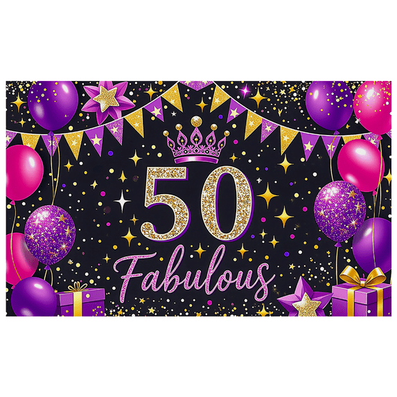 Glamorous 50th Fabulous Birthday Backdrop Banner with Crown Balloons Stars and Gifts Party Decorations Photography Props Birthday Party Supplies Celebration Event Decor