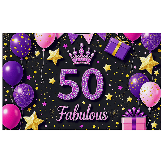 Glamorous 50th Fabulous Birthday Backdrop Banner with Crown Balloons Stars and Gifts Party Decorations Photography Props Birthday Party Supplies Celebration Event Decor