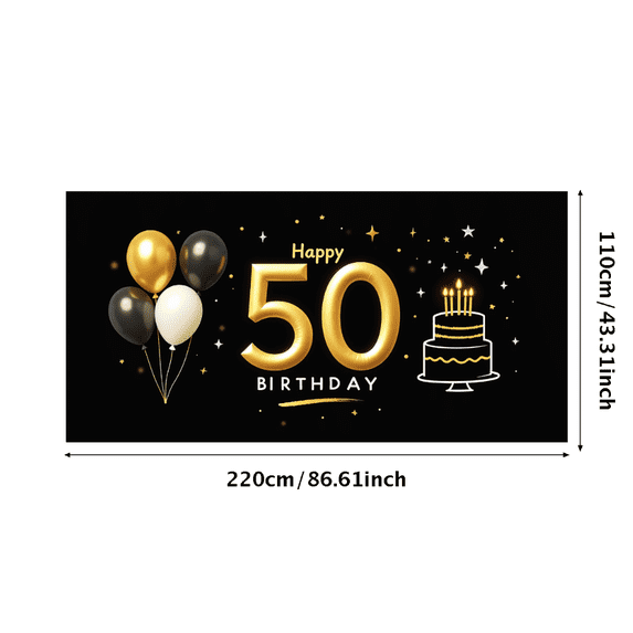 Glamorous Black Background Happy 50th Birthday Banner with Golden Balloons Crowns Stars Cakes Party Supplies Backdrop Decorations Photography Props for Birthday Party Celebration Photo Booth Decor