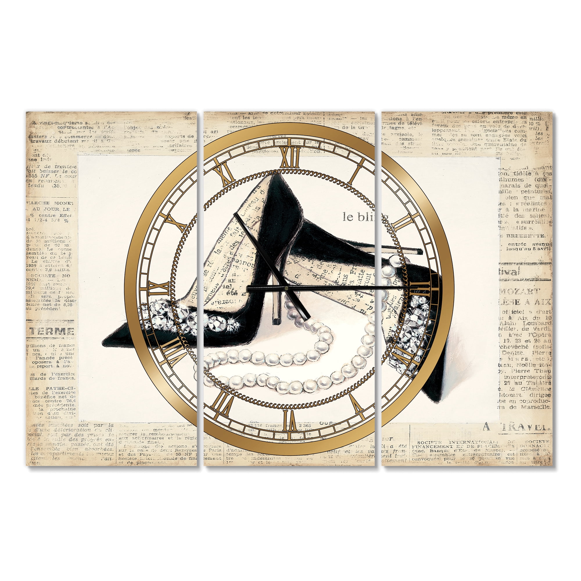 Glamorous Black Diamond Stiletto I' Glam 3 Panels Oversized Metal Clock - 36 in. wide x 28 in. high - 3 panels