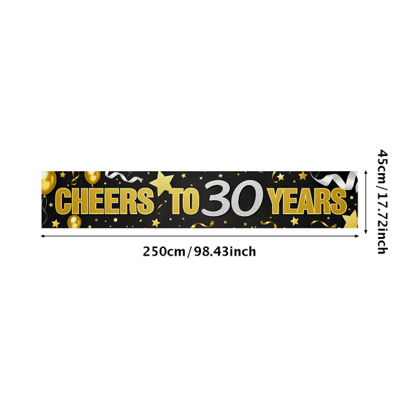 Glamorous Black Gold Silver Cheers to 30 Years Banner Party Decoration Background Backdrop for Milestone Celebrations Anniversary Parties Photo Shoots Event Decor Props