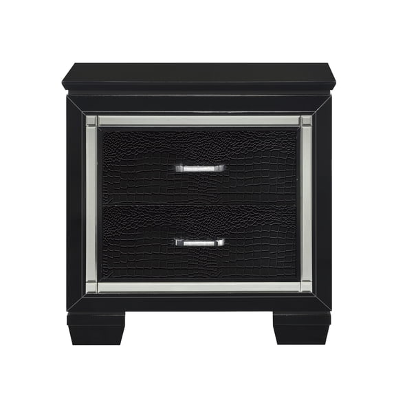 Glamorous Black Nightstand with 2 Dovetail Drawers, Faux Alligator Embossed Fronts, Beveled Mirror Accent, Crystal Hardware, Bedside Table for Bedroom