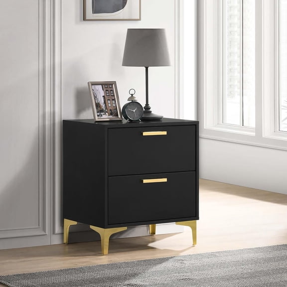 Glamorous Black & Gold 2-Drawer Rectangular Nightstand for Bedroom: Modern MDF & Rubberwood with Gold Pulls & Bracket Legs, 21.75" W x 15.75" D x 24.75" H
