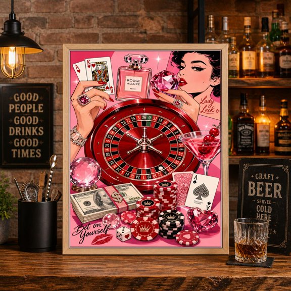 Glamorous Casino Pop Poster, Roulette Cocktails And Playing Cards , Poster Print Only
