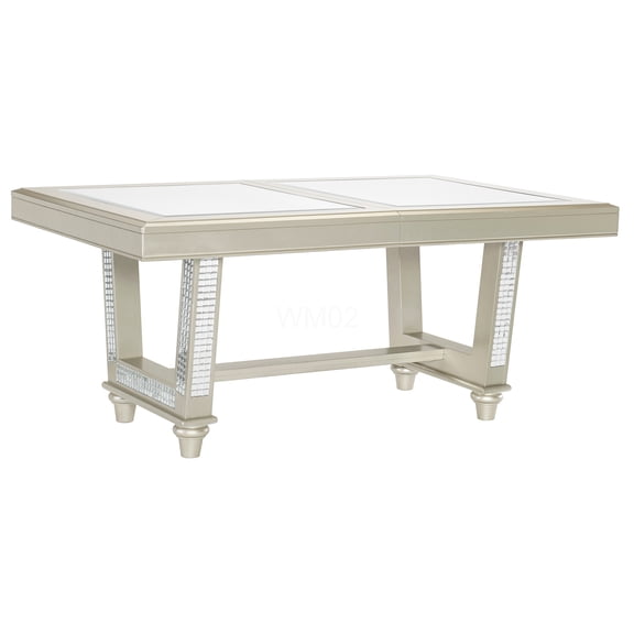 Glamorous Champagne Trestle Dining Table with Glass Insert Top and Extension Leaf