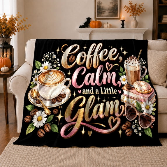 Glamorous Coffee Floral Accents, Playful Food Art Scene, Warm Flannel Blanket for Living Room and Reading Nook, Art Lovers Appreciation Gift, Playful Home Decor