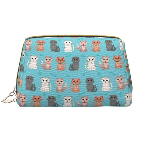 Glamorous Cute Cartoon Cat Makeup Bag, Large Capacity Travel Cosmetic Bag for Women Girls- Travel Toiletry Bag Leather Portable Waterproof Makeup Case Organizer with Handle