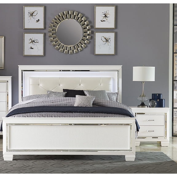 Glamorous Design Bedroom Furniture 3pc Set Queen Bed Button-Tufted LED Headboard and 2x Nightstands White Finish