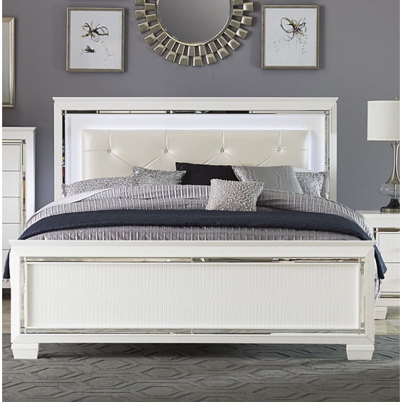 Glamorous Design Queen Size Bed Button-Tufted LED Headboard White Finish Bedroom Furniture