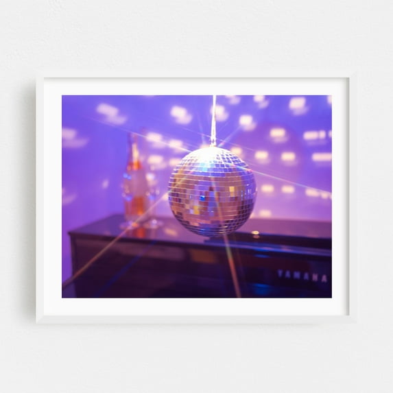 Glamorous Disco Ball Holiday Party Retro Festive Photography - Amsterdam North Holland The Netherlands Photography Disco Ball Nightlife Retro Neon Sign White Framed Wall Art Print 12 x 16 inches