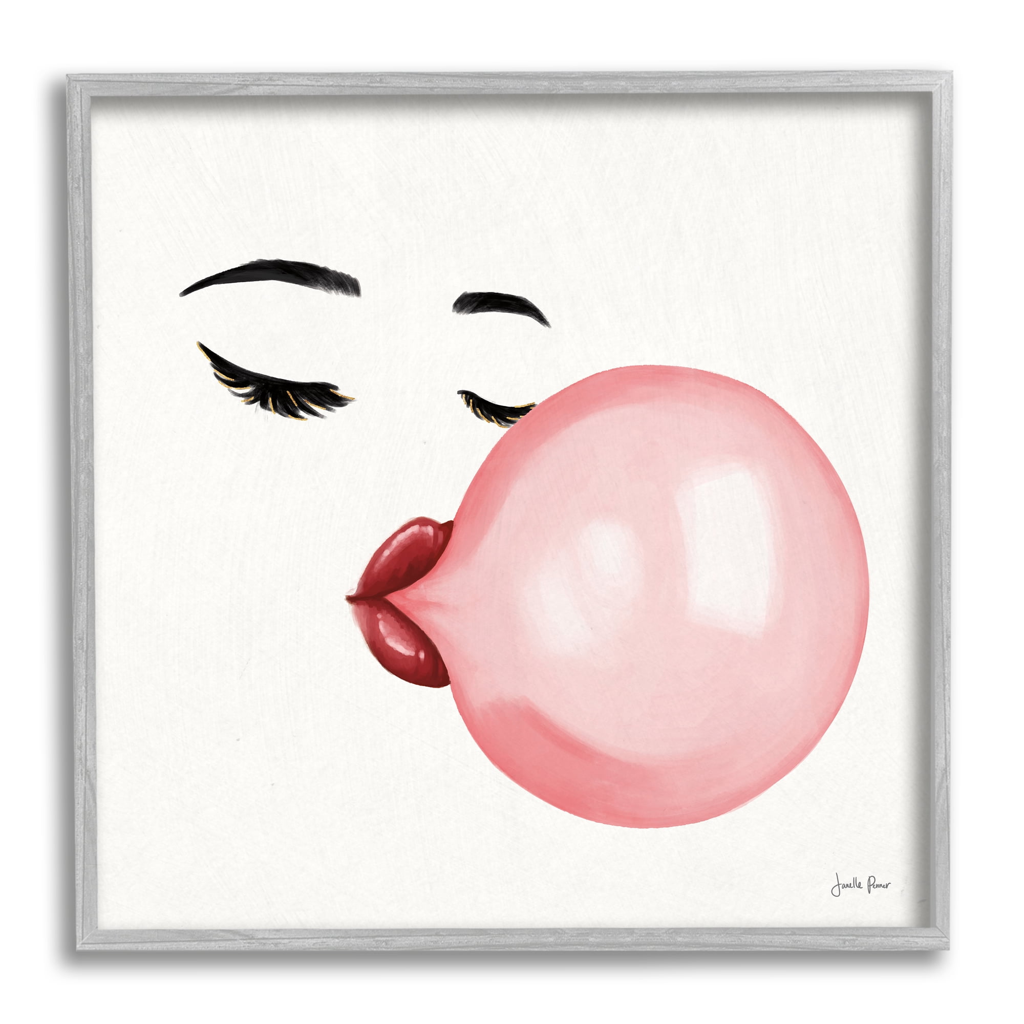 Glamorous Face Blowing Bubble Gum Bold Lips Food & Beverage Framed Art Print Wall Art, 17x17