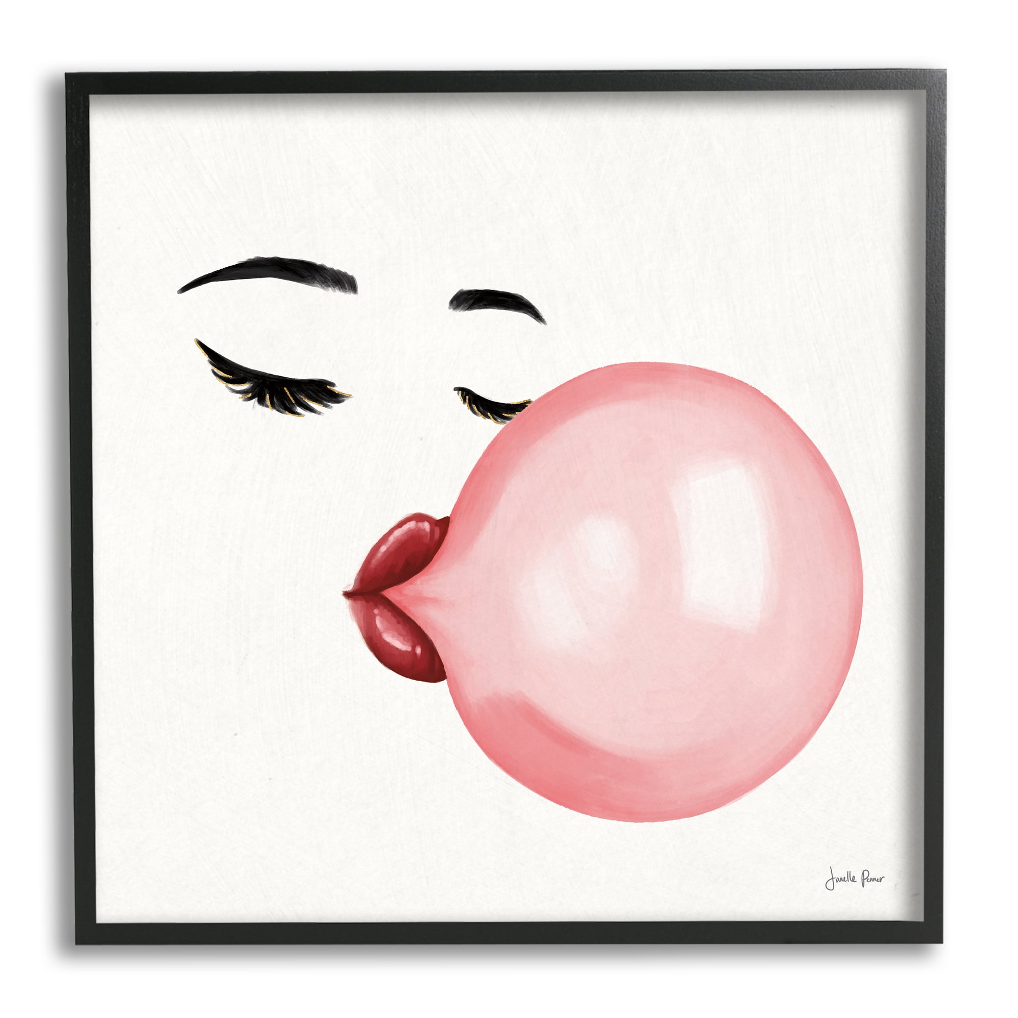 Glamorous Face Blowing Bubble Gum Bold Lips Food & Beverage Framed Art Print Wall Art, 17x17