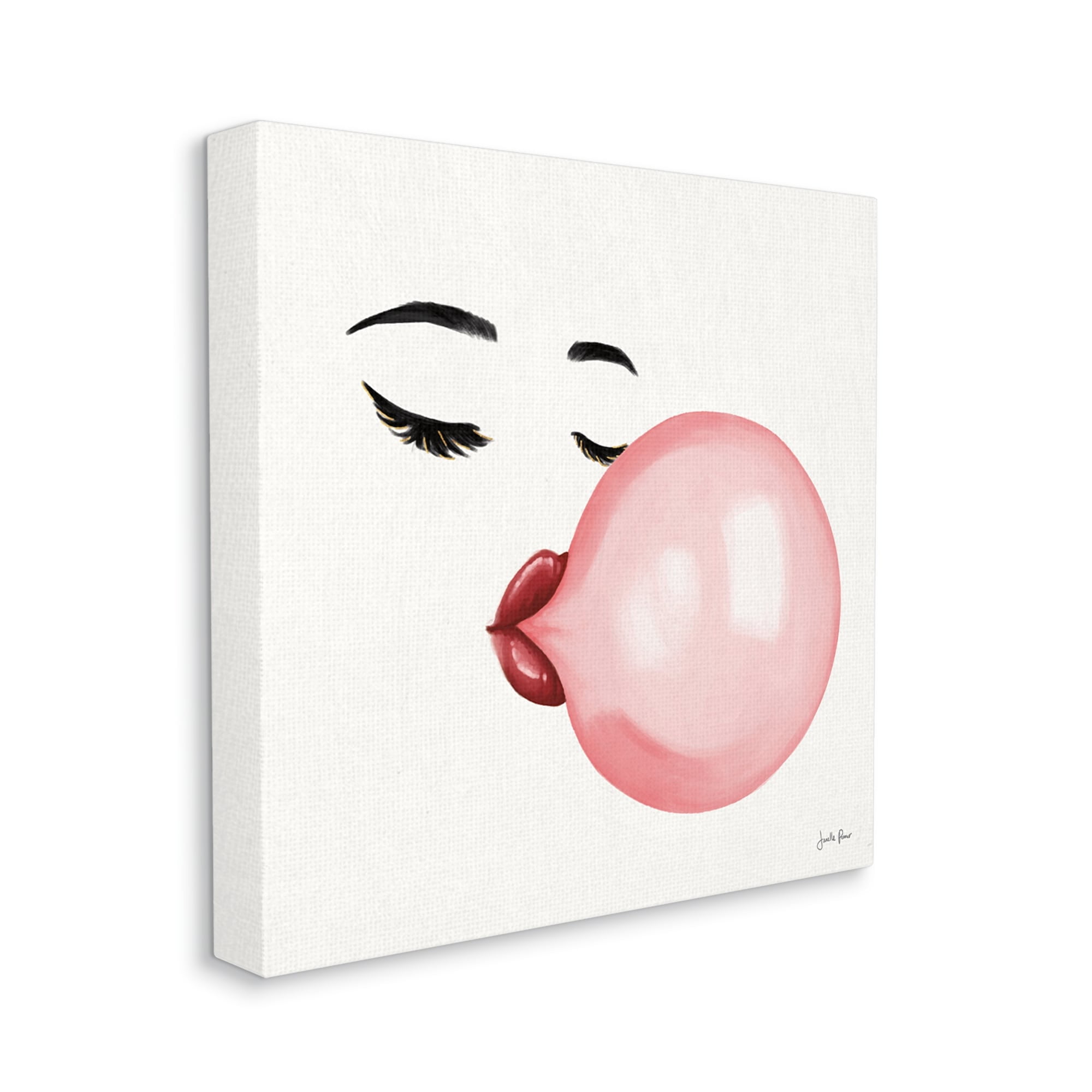 Glamorous Face Blowing Bubble Gum Bold Lips Food & Beverage Gallery-Wrapped Canvas Print Wall Art, 17x17