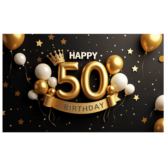 Glamorous Glittery 50th Birthday Banner with Gold Balloons Crowns Stars and Cakes Backdrop Party Decoration Supplies Photography Props for Birthday Parties Photo Booths Celebrations