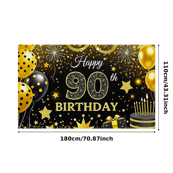 Glamorous Gold Black 90th Birthday Banner with Balloons Stars Fireworks Background for Birthday Party Decorations Photography Props Party Supplies Backdrop Decor
