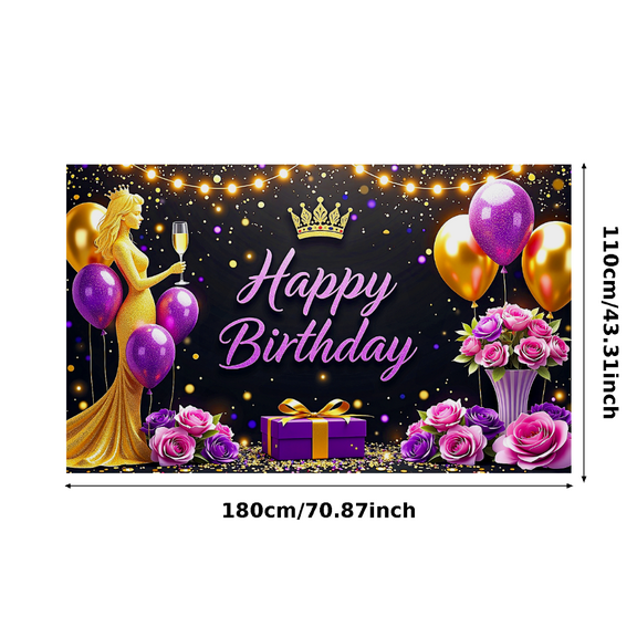 Glamorous Gold Glitter Woman Silhouette Happy Birthday Banner Party Decoration Background Backdrop for Birthday Party Celebrations Photography Props and Festive Decorations