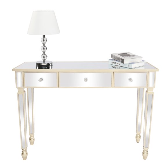Glamorous Gold Mirrored Dressing Table Console with 3 Drawers - Chic Entryway/Bedroom Furniture - Durable Density Board & Glass - 41.7" W