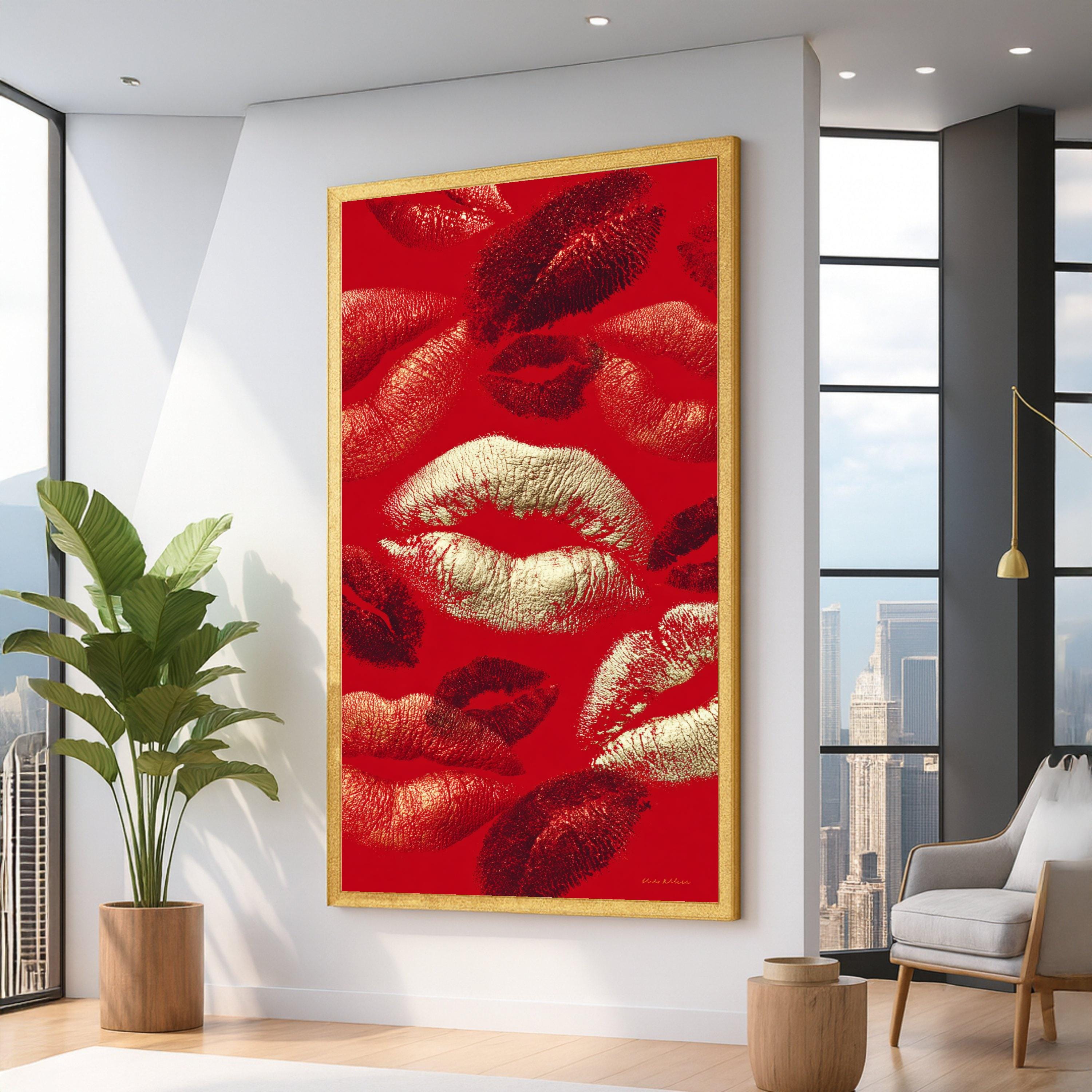 Glamorous Gold And Red Lips Wall Art, Bold Kiss Print, Modern Pop Art ...